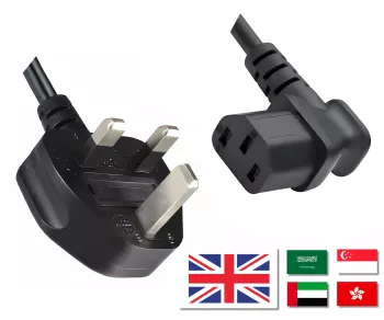 Mains cable England UK type G 10A to C13 90°, 0.75mm², approved: ASTA /SASO /HK and Singapore SM, black, length 2.00m