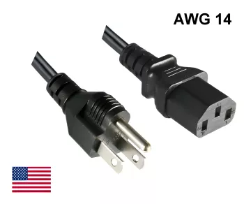 Netzkabel Amerika USA NEMA 5-15P, Typ B auf C13, großer Querschnitt AWG14, SJT, UL/CSA, schwarz, Länge 1,80m