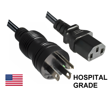 Netzkabel Amerika USA Typ B US NEMA 5-15P auf C13, HOSPITAL GRADE, AWG18, SJT, UL, CSA, schwarz, Länge 1,80m