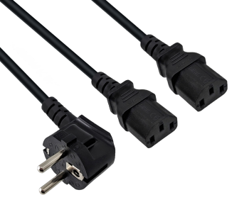 Y netsnoer CEE 7/7 90° 1,20m naar 2x C13 0,80m, 1mm², VDE, zwart, lengte 2,00m