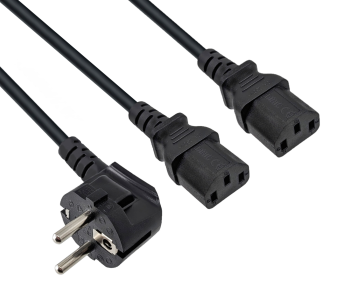 Câble secteur en Y CEE 7/7 90° 1,20m sur 2x C13 0,80m, 1mm², VDE, noir, longueur 2,00m