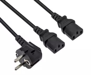 Y tīkla kabelis CEE 7/7 90° 1.20m līdz 2x C13 0.80m, 1mm², VDE, melns, garums 2.00m