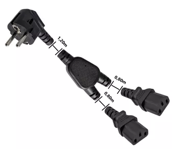 Sieťový kábel Y CEE 7/7 90° 1,20 m na 2x C13 0,80 m, 1 mm², VDE, čierny, dĺžka 2,00 m