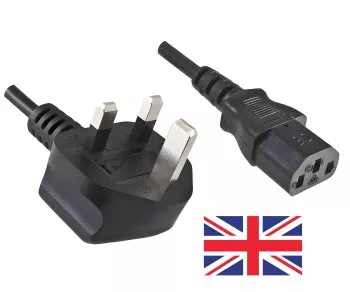 Mains cable England UK type G 10A to C13, 0.75mm², approval: BSI Kitemark, UKCA, black, length 1.80m