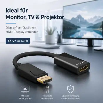 Adattatore DisplayPort 1.4 maschio a HDMI tipo A femmina, DP 1.4 a HDMI, 4K*2K@60Hz, 3D, nero, sacchetto DINIC, 0,10 m