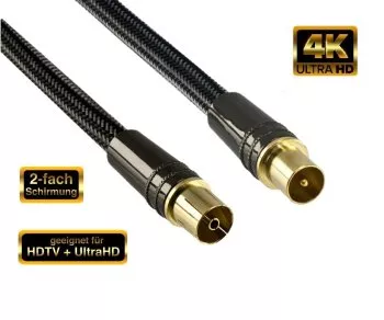 DINIC Premium anténní kabel zástrčka-zásuvka, 1 m, HD TV, Ultra HD, 24karátové pozlacené konektory, černý, DINIC Box