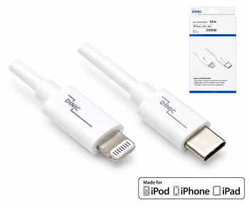 USB C auf Lightning Kabel, MFi zertifiziert, Sync- und Schnellladekabel, weiß, DINIC Box mit Euroloch, 1m