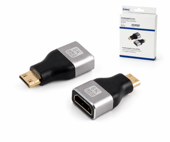 DINIC HDMI-C (mini) adapter, HDMI-A aljzat, 8K 8K (60Hz), 4K (120Hz), HDMI 2.1, alumínium, DINIC doboz Euro lyukkal