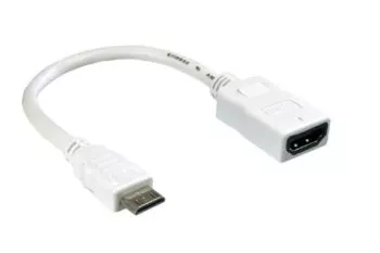 Adapteri miniHDMI tyyppi C (19pin) pistoke HDMI tyyppi A (19pin) pistorasiaan, valkoinen, pituus 0.20m, läpipainopakkaus