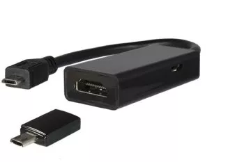 MHL (Micro USB) plug to HDMI socket, e.g. HTC, LG, SONY + adapter for Samsung S3/S4, black, DINIC blister, 0.20m