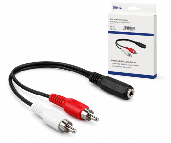 Audiokabel 3,5mm Buchse auf 2x Cinch Stecker, schwarz, DINIC Box mit Euroloch, Länge 0,20m