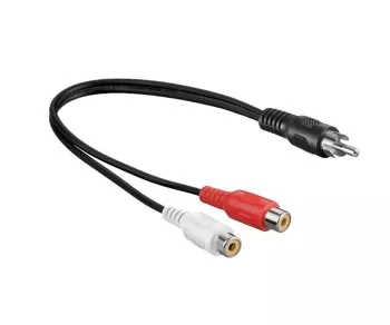 DINIC audio-video cinchkabel, 1x stekker naar 2x stopcontact, zwart, DINIC doos met Euro gat, lengte 0,20m