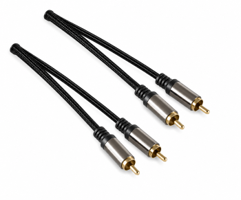 HQ Stereo Cinch Kabel, 2x Cinch Stecker auf 2x Cinch Stecker, schwarz, Dinic Box mit Euroloch, Länge 2,50m
