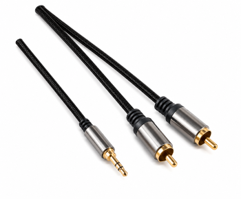 HQ Klinke-Cinch Adapterkabel, 3,5mm Klinkenstecker 3Pin auf 2x Cinch Stecker, schwarz, DINIC Box mit Euroloch, Länge 1,50m