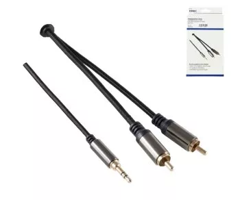HQ jack naar cinch adapterkabel, 3,5mm jack plug 3pin naar 2x cinch plug, zwart, DINIC doos met Euro gat, lengte 1,50m