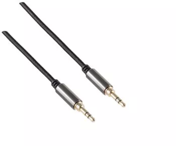 HQ jack cable 3.5mm, textile fabric, 3.5mm jack plug to 3.5mm jack plug 3pin, black, DINIC box with Euro hole, length 1.00m