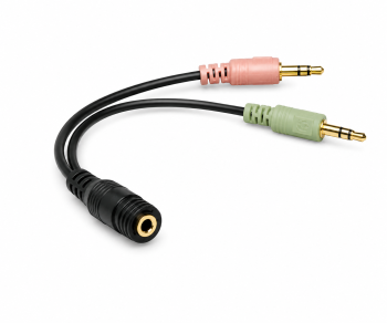 Adaptor Y de la mufă cu 4 pini la fișă cu 2x 3 pini, mufă jack de 3,5 mm/2x fișă jack de 3,5 mm, negru, pungă DINIC, lungime 0,15 m