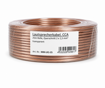Lautsprecherkabel transparent CCA, 25m Rolle, Querschnitt 2 x 1,5 mm², 25,00m