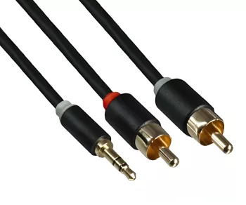 Audio cable 3.5mm jack male to 2x RCA male, DINIC Monaco Range, black, DINIC box with Euro hole, length 5m