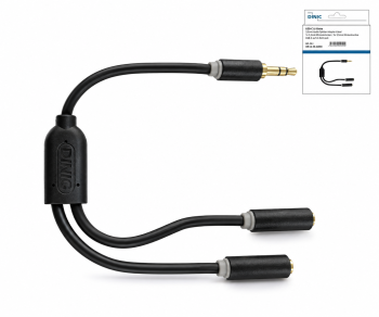 Adapter audio 3,5 mm jack do 2x jack, połączenie 2x 3,5 mm jack do jednego złącza, czarny, skrzynka DINIC z otworem Euro, długość 0,20 m