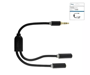 Audio adaptér 3,5 mm jack na 2x jack, pripojenie 2x 3,5 mm jack na jeden konektor, čierny, DINIC box s euro otvorom, dĺžka 0,20 m