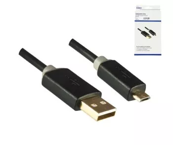 USB Micro HQ cable, A to micro B plug, KB, 1m plug gold plated, black, DINIC Box