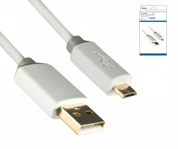 USB HQ cable, A to micro B plug, gold-plated plug, white, DINIC box with Euro hole, 1m
