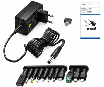 Universal-Netzteil, 3V-12V, 2,25A,max. 27 Watt inkl. 11 versch. Adapter, schwarz, DINIC Box mit Euroloch