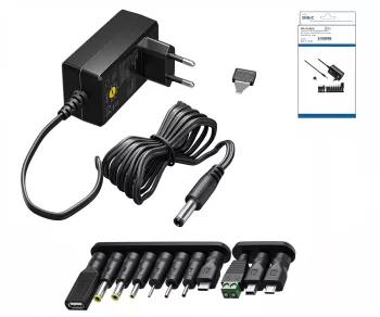 Universal power supply, 3V-12V, 2,25A,max. 27 Watt incl. 11 different adapters, black, DINIC box with Euro hole. adapters, black, DINIC box with Euro hole