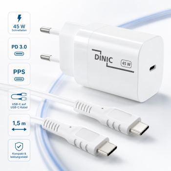USB C зарядно устройство 45W + USB-C към C кабел, бързо зарядно устройство с PD3.0 и PPS + USB-C заряден кабел, бял, 1,5 м