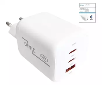 Chargeur/bloc d'alimentation DINIC USB C/C/A 65 W Chargeur rapide Power Delivery 3.0, technologie PPS, boîtier DINIC