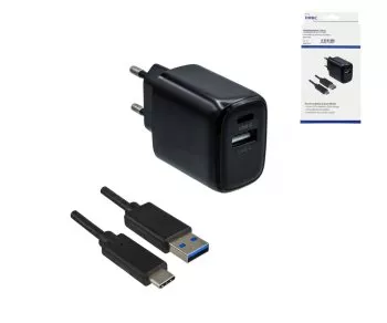 USB PD/QC 3.0 charging adapter incl. A to C cable 20W, 3.6V~5.9V/3A; 6~9V/2A; 9V~12V/1.5A, black, DINIC box with Euro hole, 1m