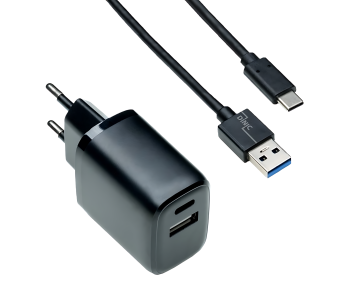 USB PD/QC 3.0 charging adapter incl. A to C cable 20W, 3.6V~5.9V/3A; 6~9V/2A; 9V~12V/1.5A, black, DINIC box with Euro hole, 1m