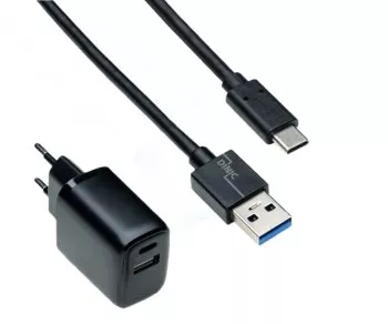 USB PD/QC 3.0 charging adapter incl. A to C cable 20W, 3.6V~5.9V/3A; 6~9V/2A; 9V~12V/1.5A, black, DINIC box with Euro hole, 1m