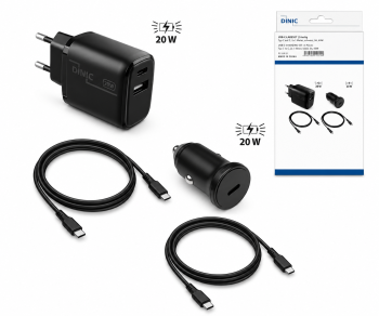 Paquete de carga con 2 cargadores y 2 cables de carga USB C, 1 cargador de coche de 20 W, 1 cargador de red de 20 W, negro