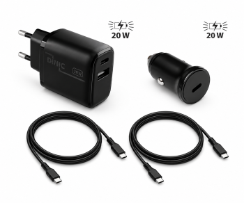 Paquete de carga con 2 cargadores y 2 cables de carga USB C, 1 cargador de coche de 20 W, 1 cargador de red de 20 W, negro