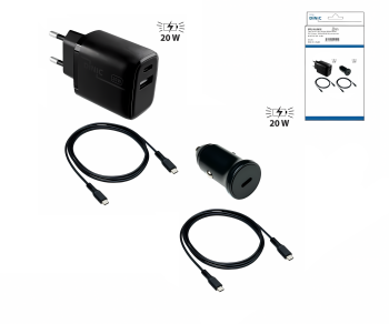 Nabíjecí sada se 2 nabíječkami a 2 nabíjecími kabely USB C, 1x nabíječka do auta 20w, 1x síťová nabíječka 20w, černá barva