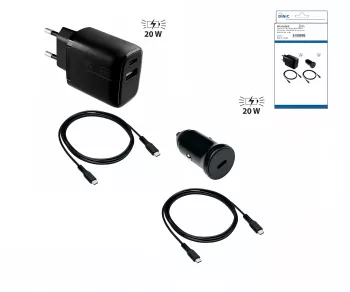 Laadbundel met 2 laders en 2 USB C-laadkabels, 1x autolader 20w, 1x netstroomlader 20w, zwart