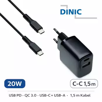DINIC 20W 2portová rychlá nabíječka (USB-C PD + USB-A QC) včetně kabelu USB-C na USB-C 1,5 m – černá