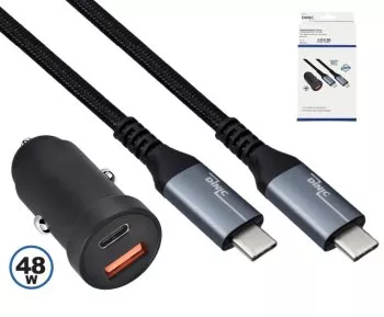 USB bil 48W C+A hurtiglader inkl. USB-C kabel, 1m USB billader + HQ USB 3.2 C - C kabel, DINIC Box