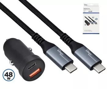 USB car 48W C+A fast charger incl. USB-C, USB car charger + HQ USB 3.2 C - C cable, black, DINIC box with Euro hole, 1m cable