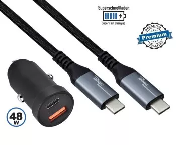 Cargador rápido USB de coche 48W C+A incl. cable USB-C, cargador USB de coche de 1m + cable HQ USB 3.2 C - C, DINIC Box