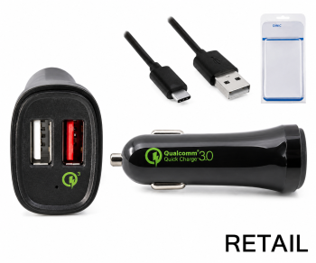 USB KFZ QC3 Ladeadapter + USB C auf A Kabel, Ausg. 1: 5V 2,4A; Ausg. 2: 5V/3A, 9V/2A, 12V/1,5A, schwarz, DINIC Blister mit Euroloch, 1,00m