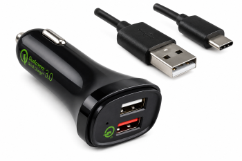 USB KFZ QC3 Ladeadapter + USB C auf A Kabel, Ausg. 1: 5V 2,4A; Ausg. 2: 5V/3A, 9V/2A, 12V/1,5A, schwarz, DINIC Blister mit Euroloch, 1,00m