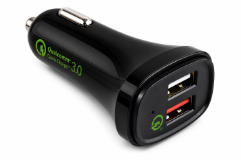 USB KFZ QC3 Ladeadapter + USB C auf A Kabel, Ausg. 1: 5V 2,4A; Ausg. 2: 5V/3A, 9V/2A, 12V/1,5A, schwarz, DINIC Blister mit Euroloch, 1,00m