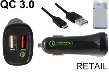 USB KFZ QC3 Ladeadapter + USB C auf A Kabel, 1,00m, Ausg. 1: 5V 2,4A; Ausg. 2: 5V/3A, 9V/2A, 12V/1,5A