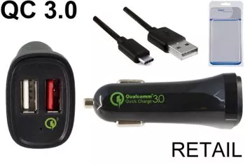 USB KFZ QC3 Ladeadapter + USB C auf A Kabel, Ausg. 1: 5V 2,4A; Ausg. 2: 5V/3A, 9V/2A, 12V/1,5A, schwarz, DINIC Blister mit Euroloch, 1,00m
