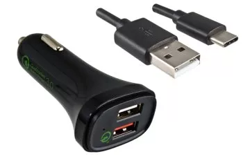 USB KFZ QC3 Ladeadapter + USB C auf A Kabel, Ausg. 1: 5V 2,4A; Ausg. 2: 5V/3A, 9V/2A, 12V/1,5A, schwarz, DINIC Blister mit Euroloch, 1,00m