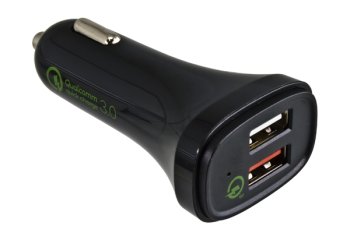 USB bil QC3 laddningsadapter + USB C till A-kabel, utgång 1: 5V 2,4A; utgång 2: 5V/3A, 9V/2A, 12V/1,5A, svart, DINIC blister med Euro-hål, 1,00m