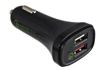 USB KFZ Q3 Charger, Ladeadapter+microUSB Kabel, Ausg. 1: 5V 2,4A; Ausg. 2: 5V/3A, 9V/2A, 12V/1,5A, schwarz, DINIC Box mit Euroloch, 1m